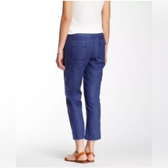 TOMMY BAHAMA 14 Larch Indigo Blue 100% Linen Cropped Cargo Pants Zipper Pockets - Picture 2 of 13